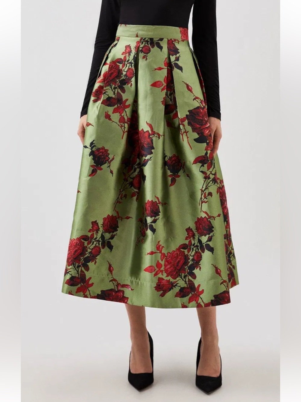 Karen Millen Green Floral Midi Skirt with Red Floral Print - size 8